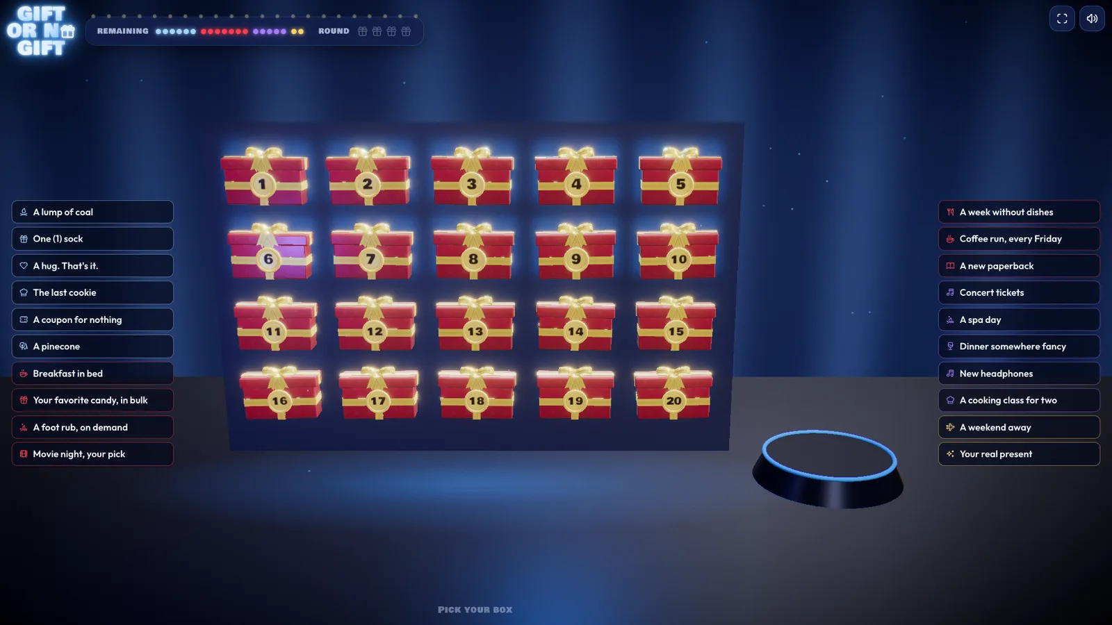 The game board of numbered mystery gift boxes, on a TV